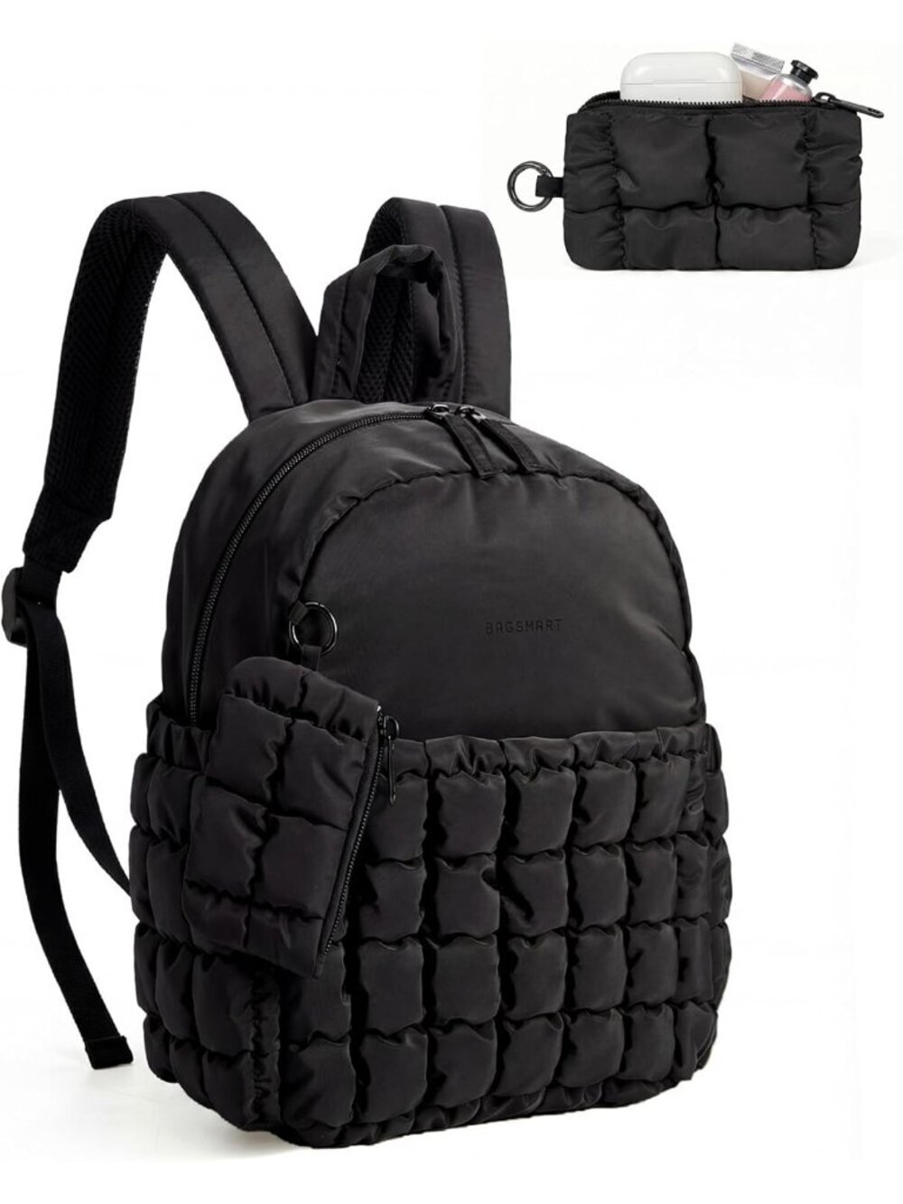 Women's Black Lightweight Quilted Mini Backpack 2-in-1 Travel College Bag